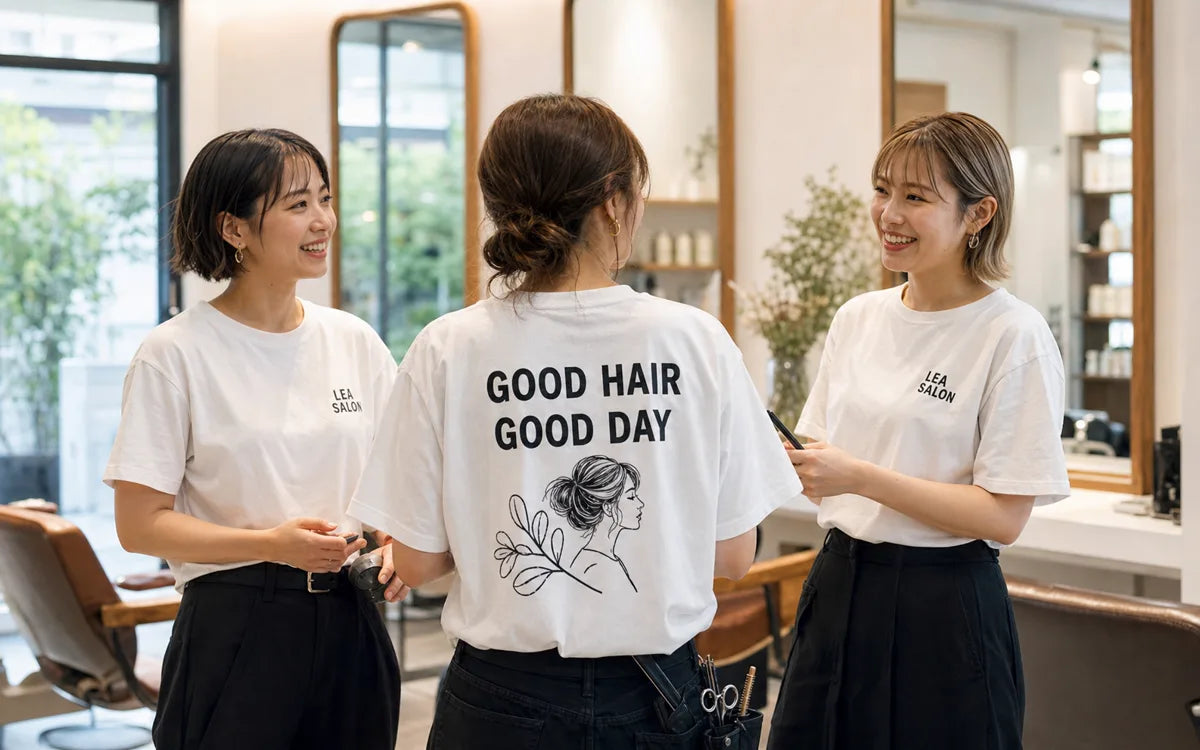 プリントTシャツを着たサロンスタッフ