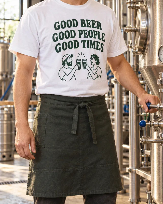 ブルワリーのタンクの前で、GOOD BEER GOOD PEOPLE GOOD TIMESとプリントした白Tシャツを着たスタッフ
