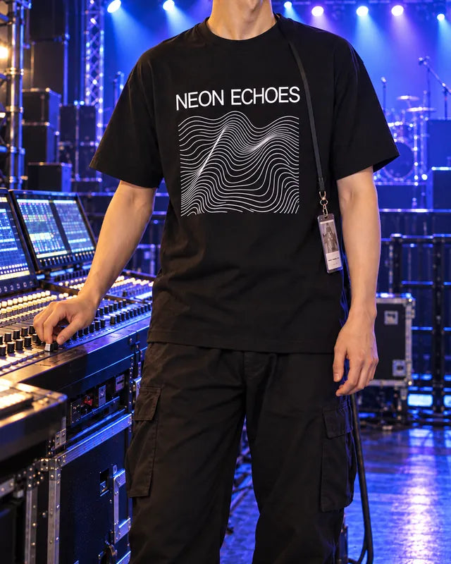 ライブ会場の照明卓に手を置く、NEON ECHOESの黒Tシャツを着たスタッフ