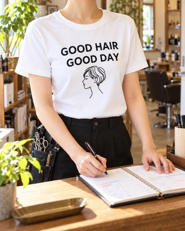 美容室の受付で、GOOD HAIR GOOD DAYの白Tシャツを着たスタッフが予約帳に書き込んでいる