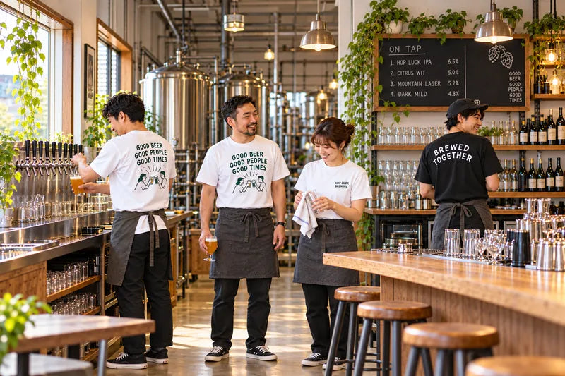 開店前のブルワリーで、そろいのプリントTシャツを着たスタッフ4人が準備をしている