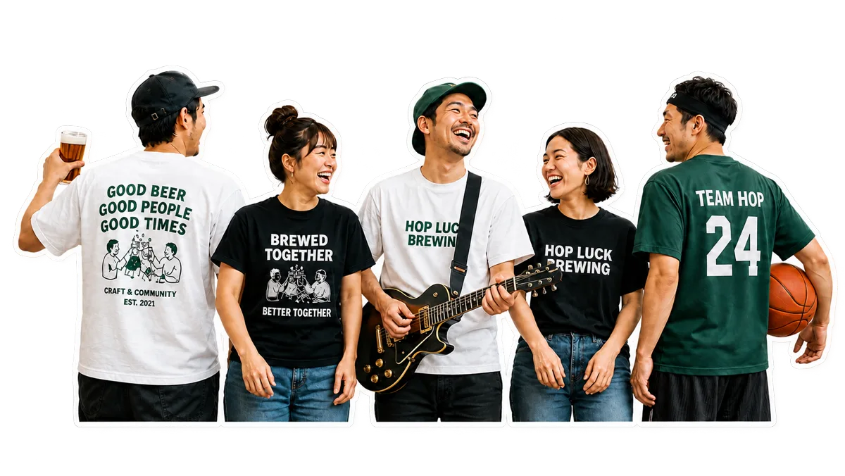プリントTシャツを着た5人のチームスタッフ