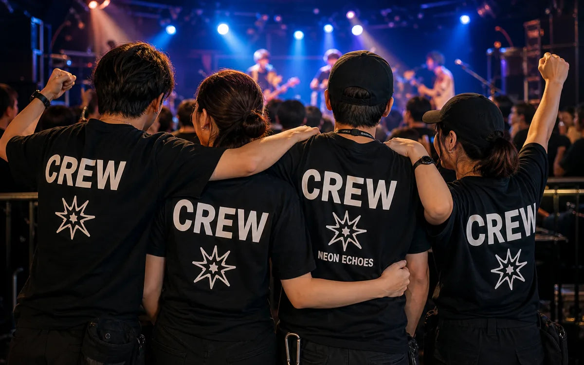 プリントTシャツを着た音楽イベントクルー