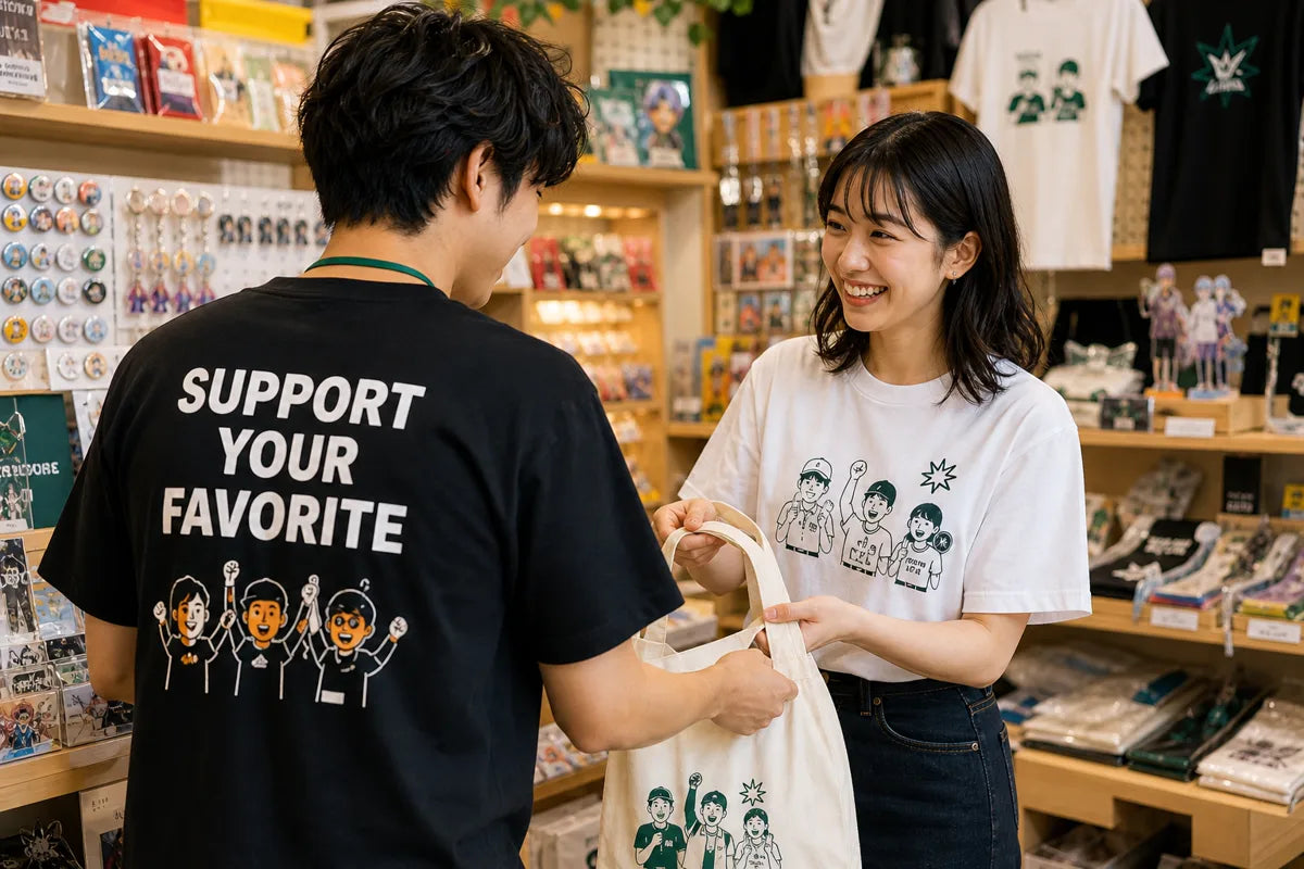 プリントTシャツを着た推し活ショップスタッフ