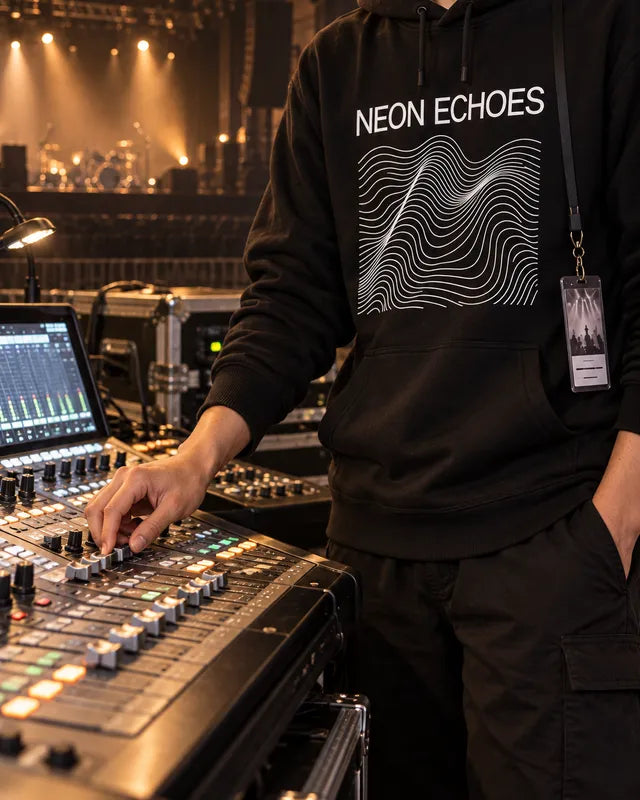 ライブ会場の照明卓に手を置く、NEON ECHOESの黒いパーカーを着たスタッフ