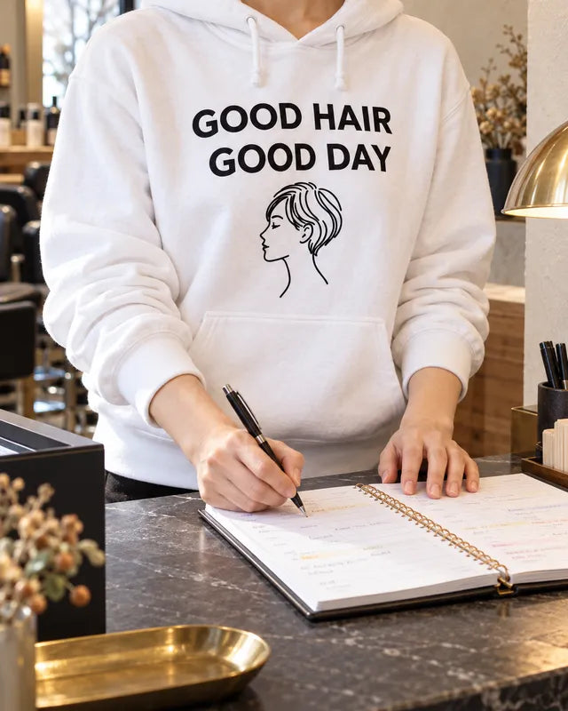 美容室の受付で、GOOD HAIR GOOD DAYの白いパーカーを着たスタッフが予約帳に書き込んでいる