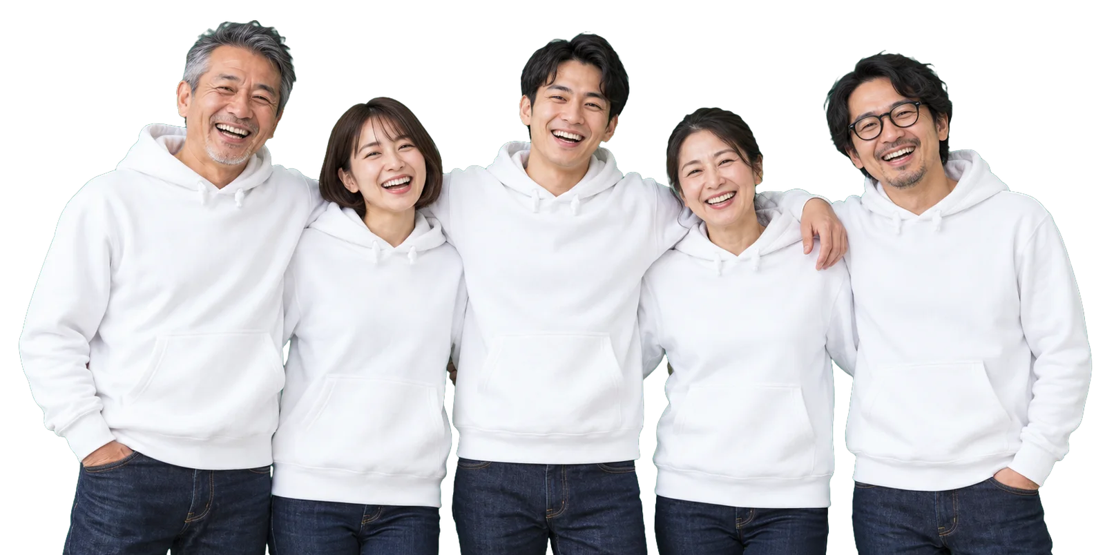 白いパーカーを着た5人が肩を組んで笑っている。胸には、このページで入力したチーム名がプリントされている