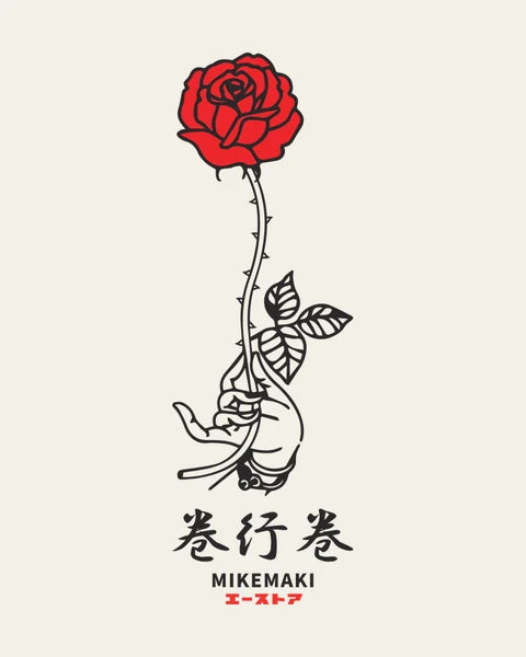 バラを持つ手の絵と「巻行巻 MIKEMAKI エーストア」の文字のロゴ
