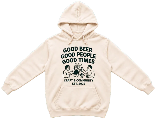 GOOD BEER GOOD PEOPLE GOOD TIMESとプリントした生成りのパーカー