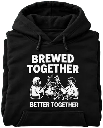 BREWED TOGETHERとプリントした、たたんだ黒いパーカー