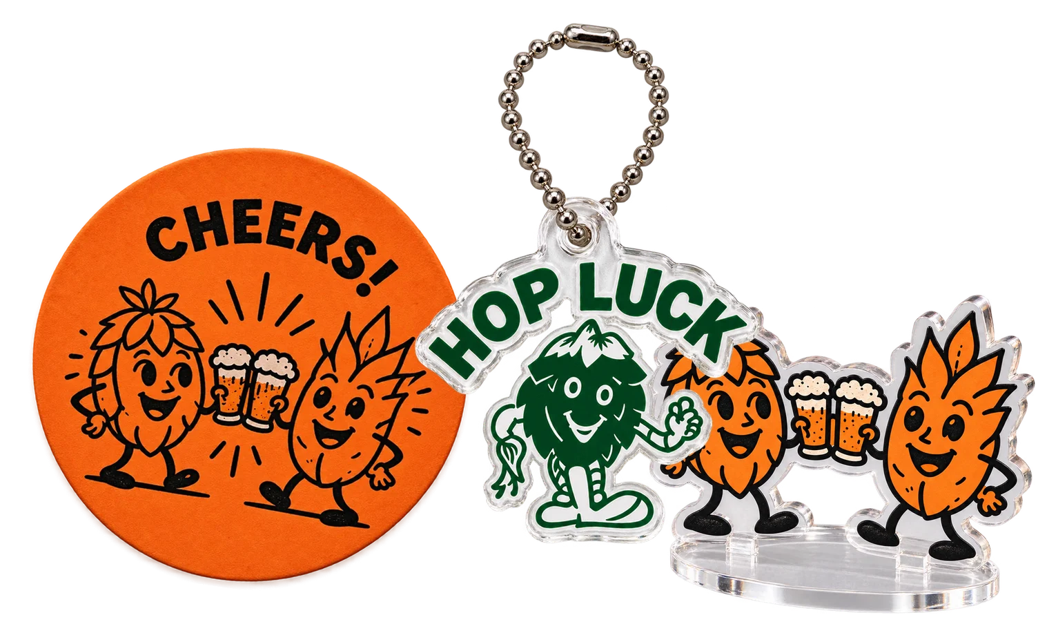 CHEERS!のコースターと、HOP LUCKの形に切り抜いたアクリルキーホルダー、乾杯するキャラクターのアクリルスタンド