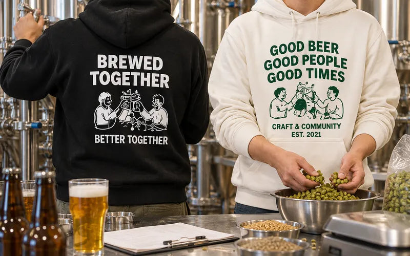 醸造所で、背中にBREWED TOGETHERとプリントした黒いパーカーのスタッフと、GOOD BEERの白いパーカーのスタッフがホップを量っている