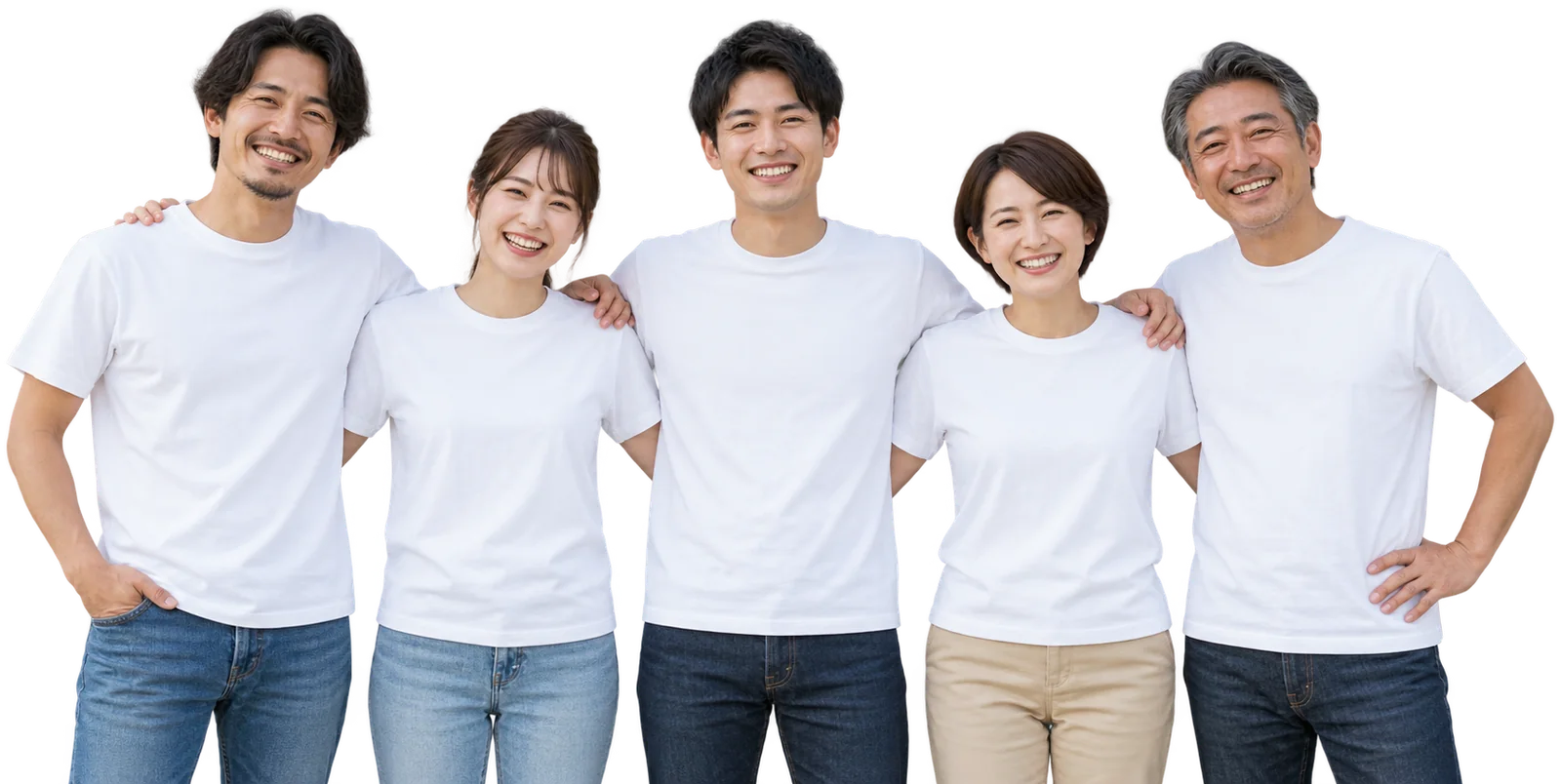 白いTシャツを着た5人が肩を組んで笑っている。胸には、このページで入力したチーム名がプリントされている