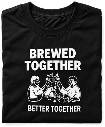 BREWED TOGETHERとプリントした、たたんだ黒いTシャツ