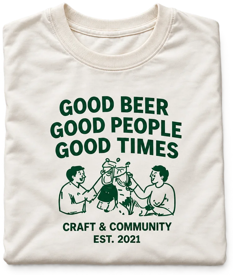 GOOD BEER GOOD PEOPLE GOOD TIMESとプリントした生成りのTシャツ