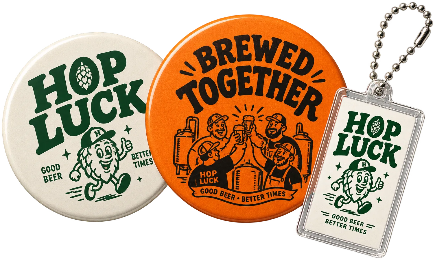 HOP LUCKとBREWED TOGETHERの丸いコースター2枚と、アクリルキーホルダー