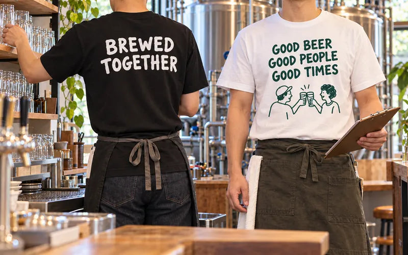 醸造所で、背中にBREWED TOGETHERとプリントした黒Tシャツのスタッフと、GOOD BEERの白Tシャツのスタッフが作業している