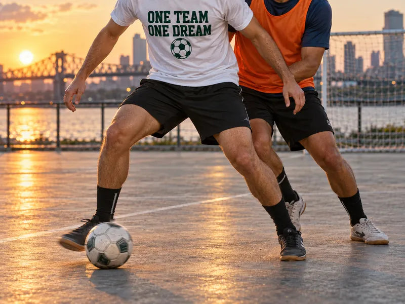 夕方の河川敷のフットサルコートで、ONE TEAM ONE DREAMの白Tシャツの選手がボールをキープし、オレンジのビブスの相手が体を寄せている